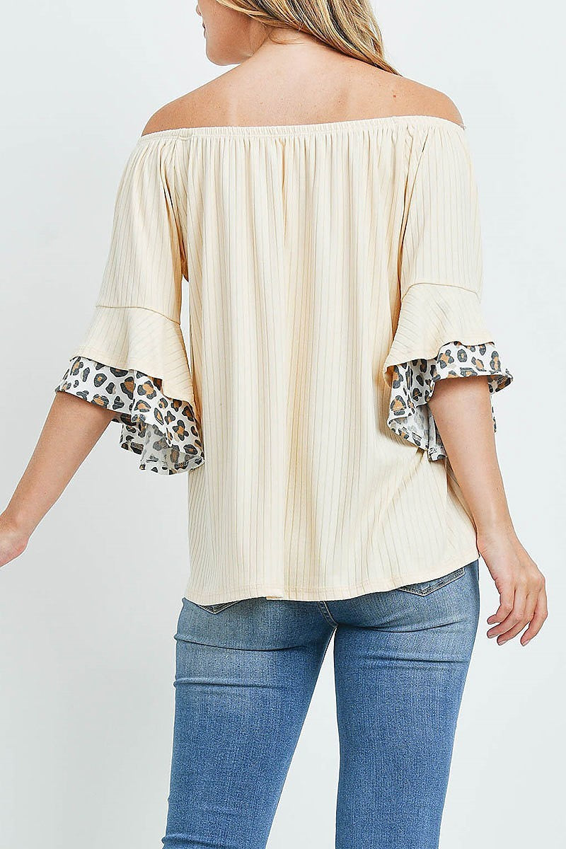 Off shoulder brushed rib bell leopard sleeves top (ED9767)