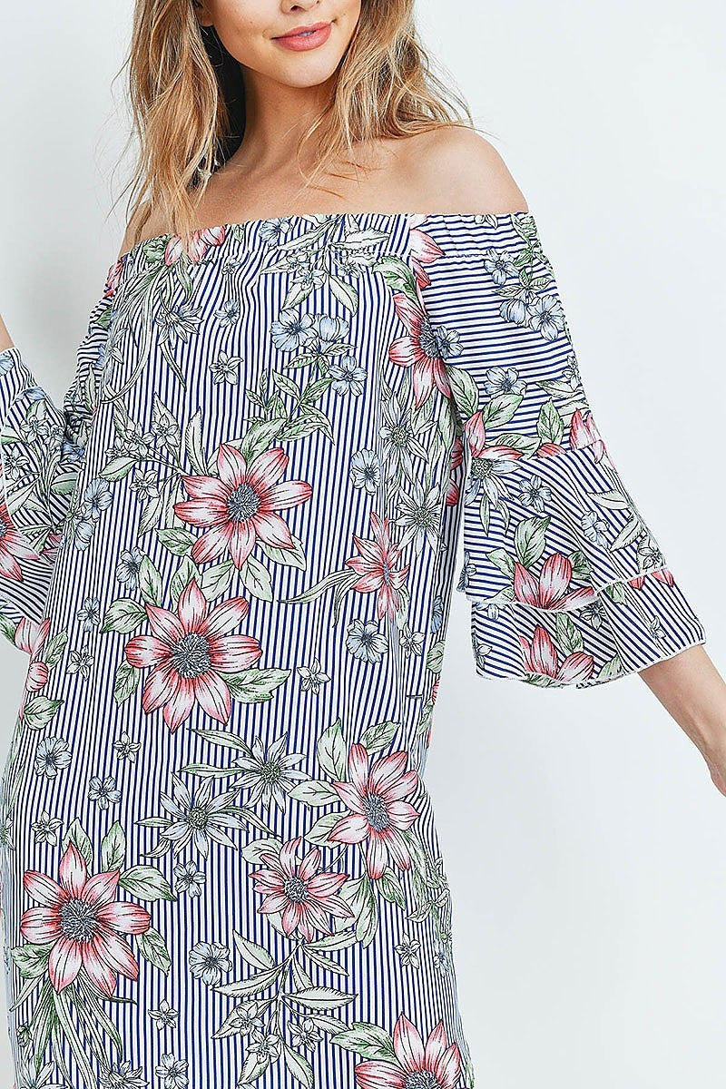 Off shoulder floral stripe bell sleeve dress (DED5820-LAST)