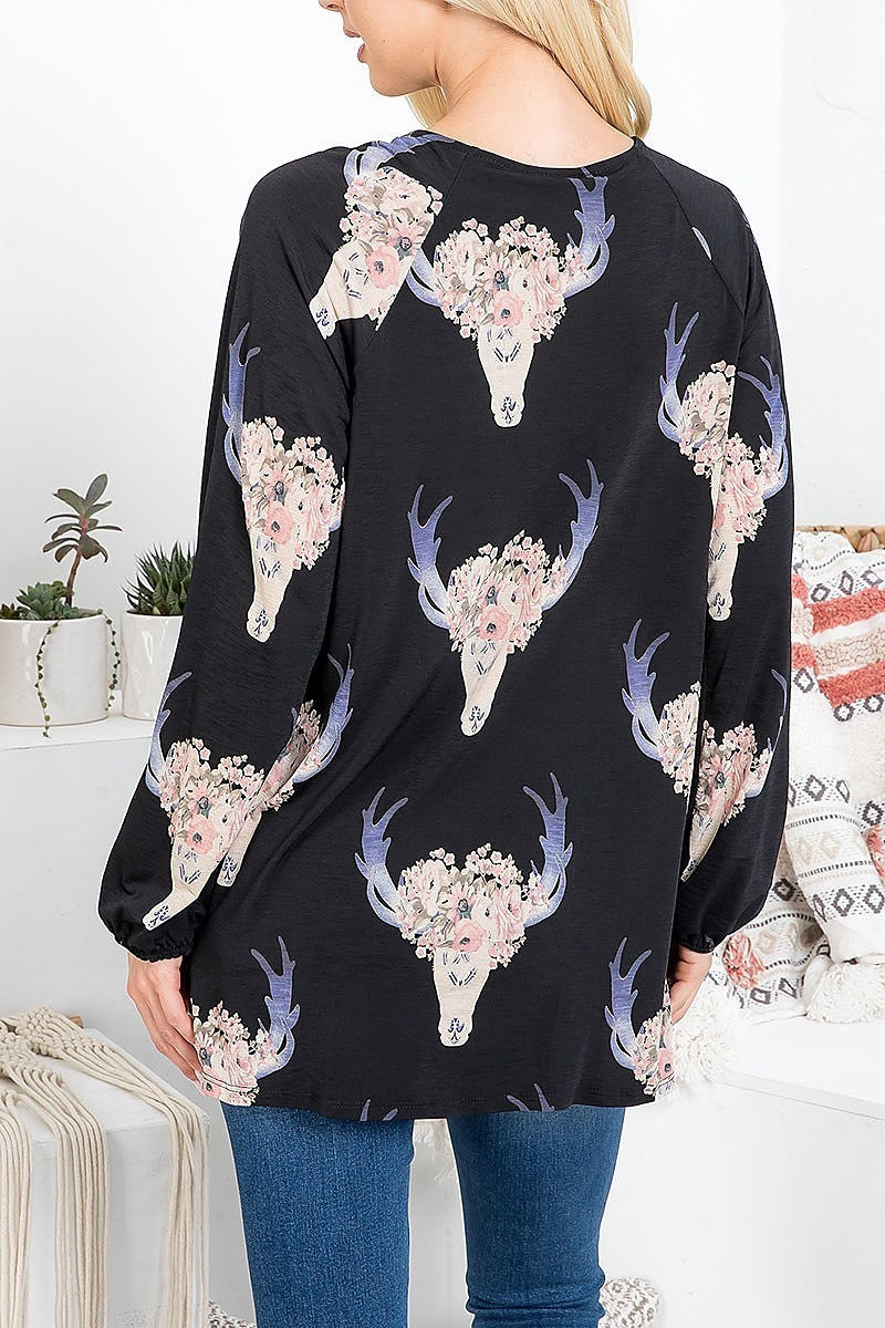 Bull head print crisscrossed neck surplus top (EF2181)