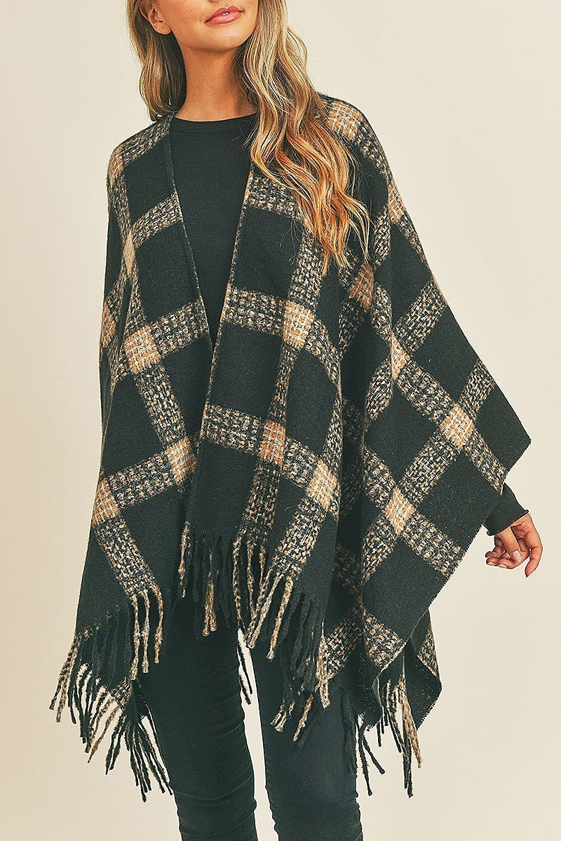 Fringe detail plaid pattern ruana kimono (DGS5732)