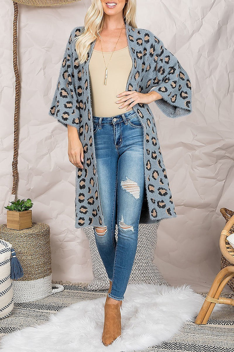 Fuzzy fur leopard print knee length kimono (DGS5534)