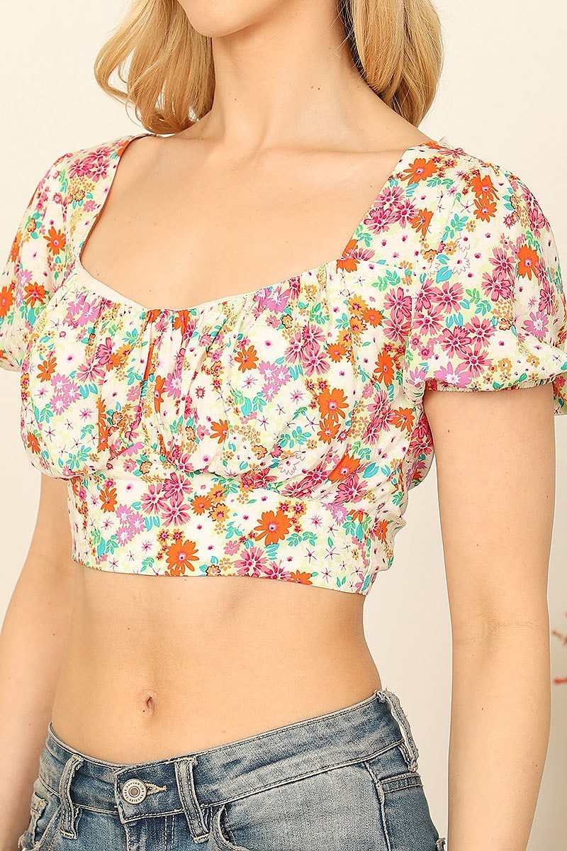 Short puff sleeve back tie floral crop top (EF7424)