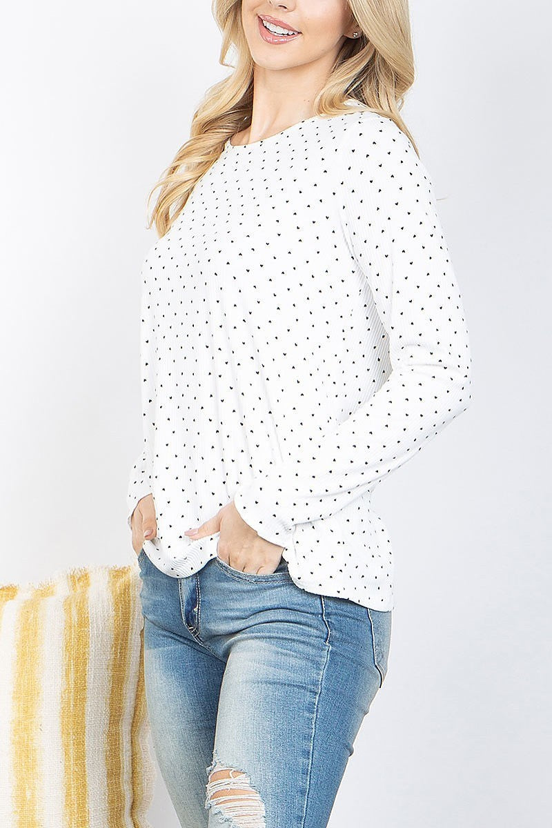 Tiny heart printed long sleeve rib top (EF4890)