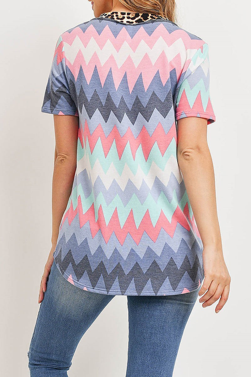 Animal chevron print color block top with button trim (ED8936-LAST)