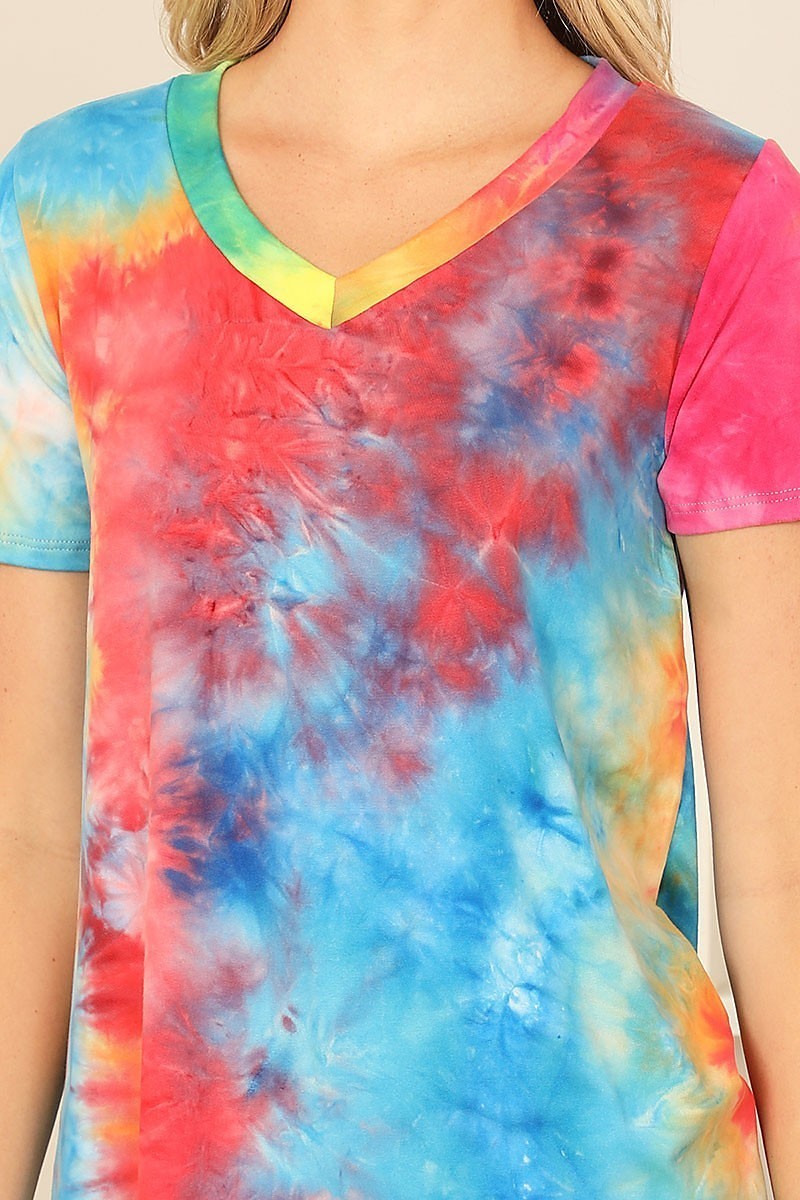 V-neck neck short sleeve tie dye top (EF7730)