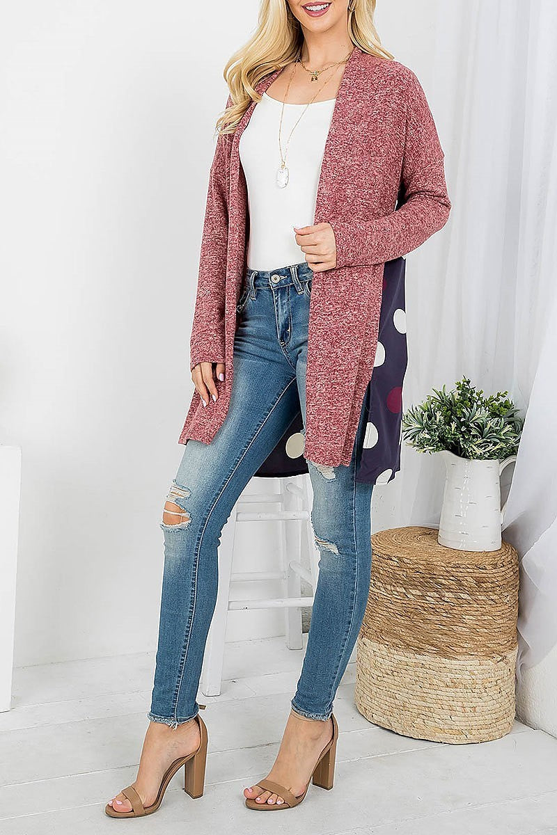 Polka dot print back solid front cardigan (EF4151)