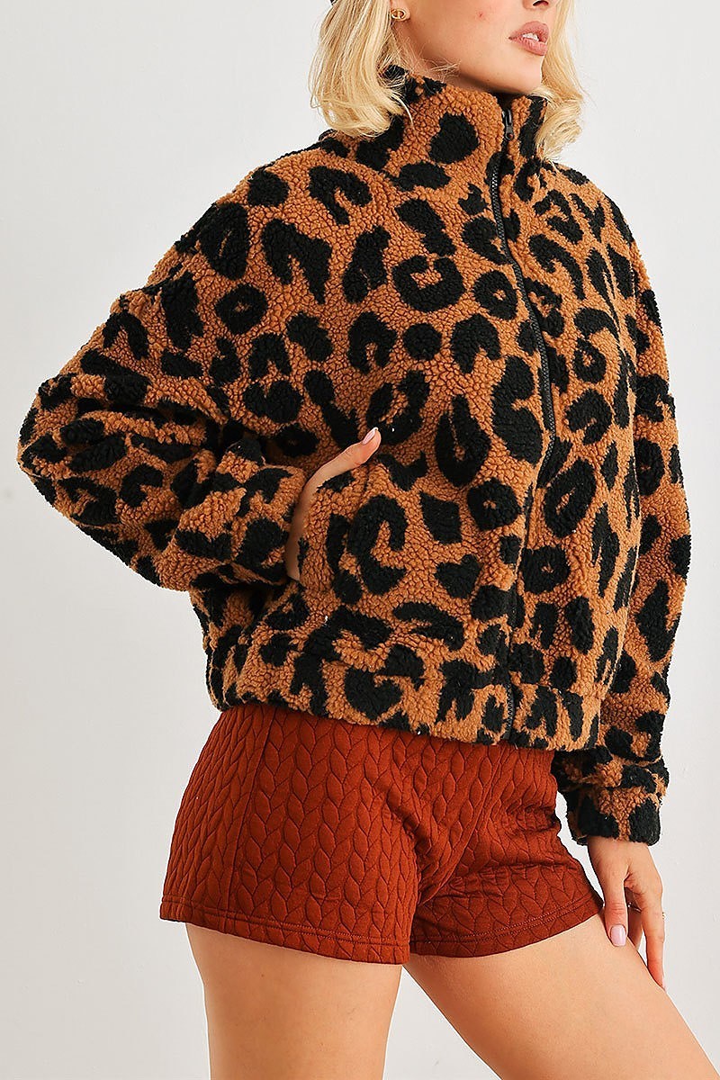 Leopard teddy zip up pocket detail jacket (TED2071)