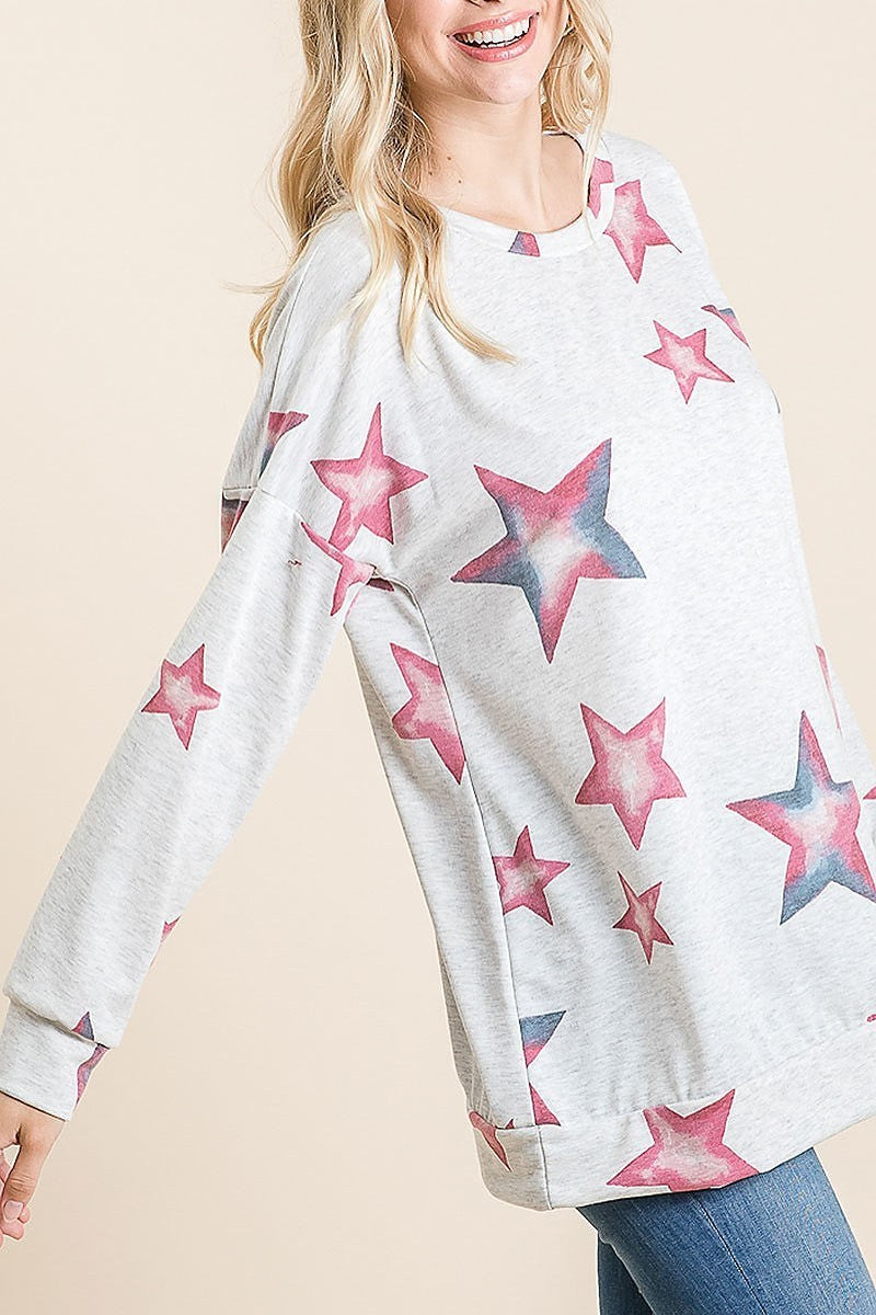 Star print round neck loose fit top (EF5036)