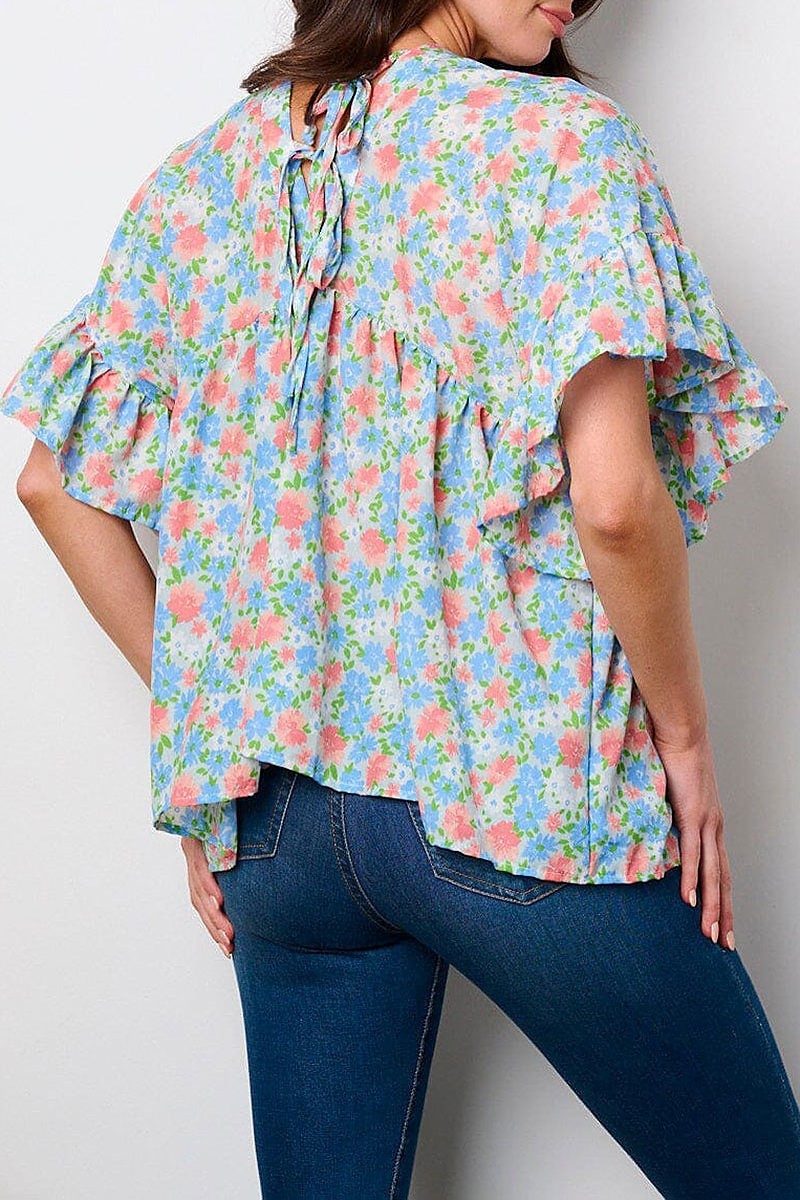 Short sleeve v-neck lace up back floral tunic top (EFWT8951)