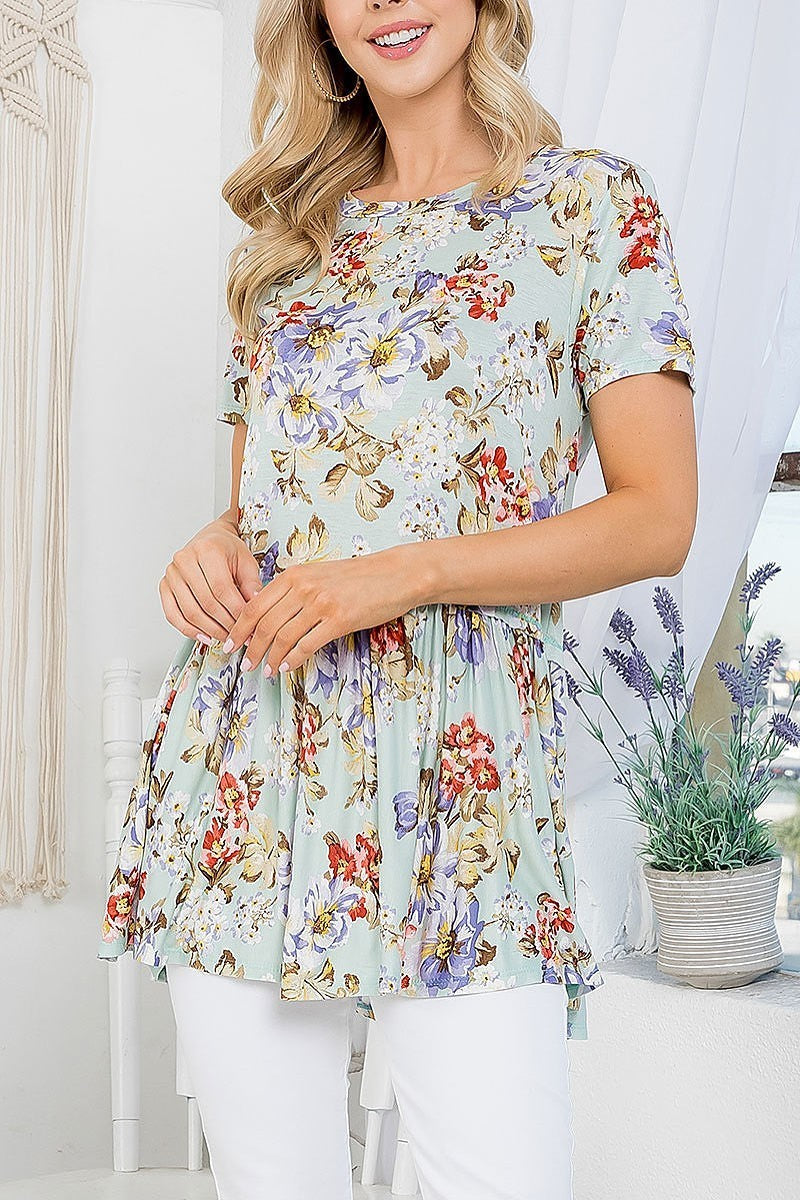 Floral round neck short sleeve baby doll top (EF3928)