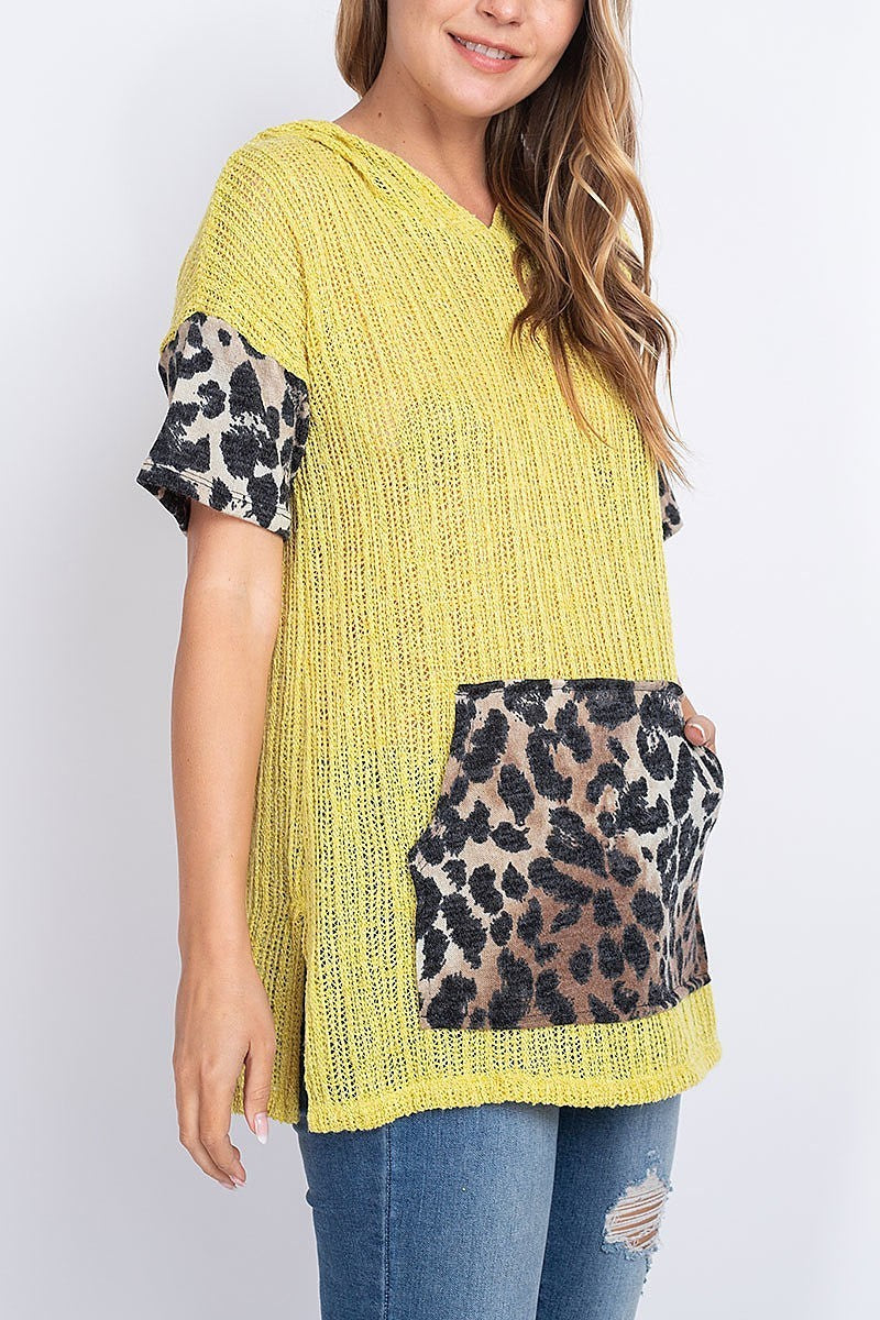 Animal print ribbed knit color block hoodie top (EF1905)