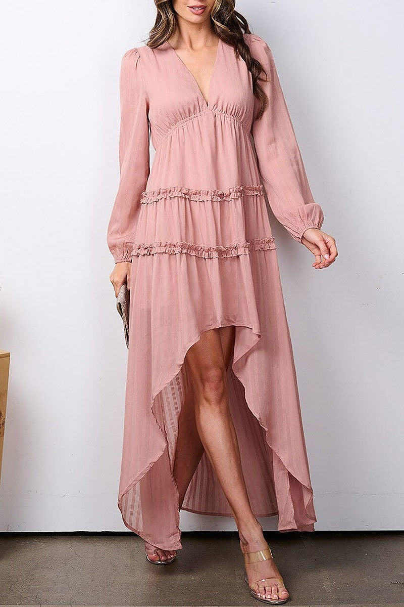 Long sleeve v-neck tiered high-low maxi dress (EFWT7598)