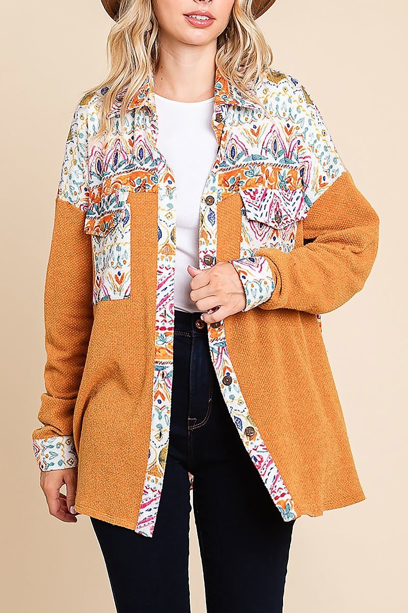 Aztec printed color block shirt jacket (EDH1591)