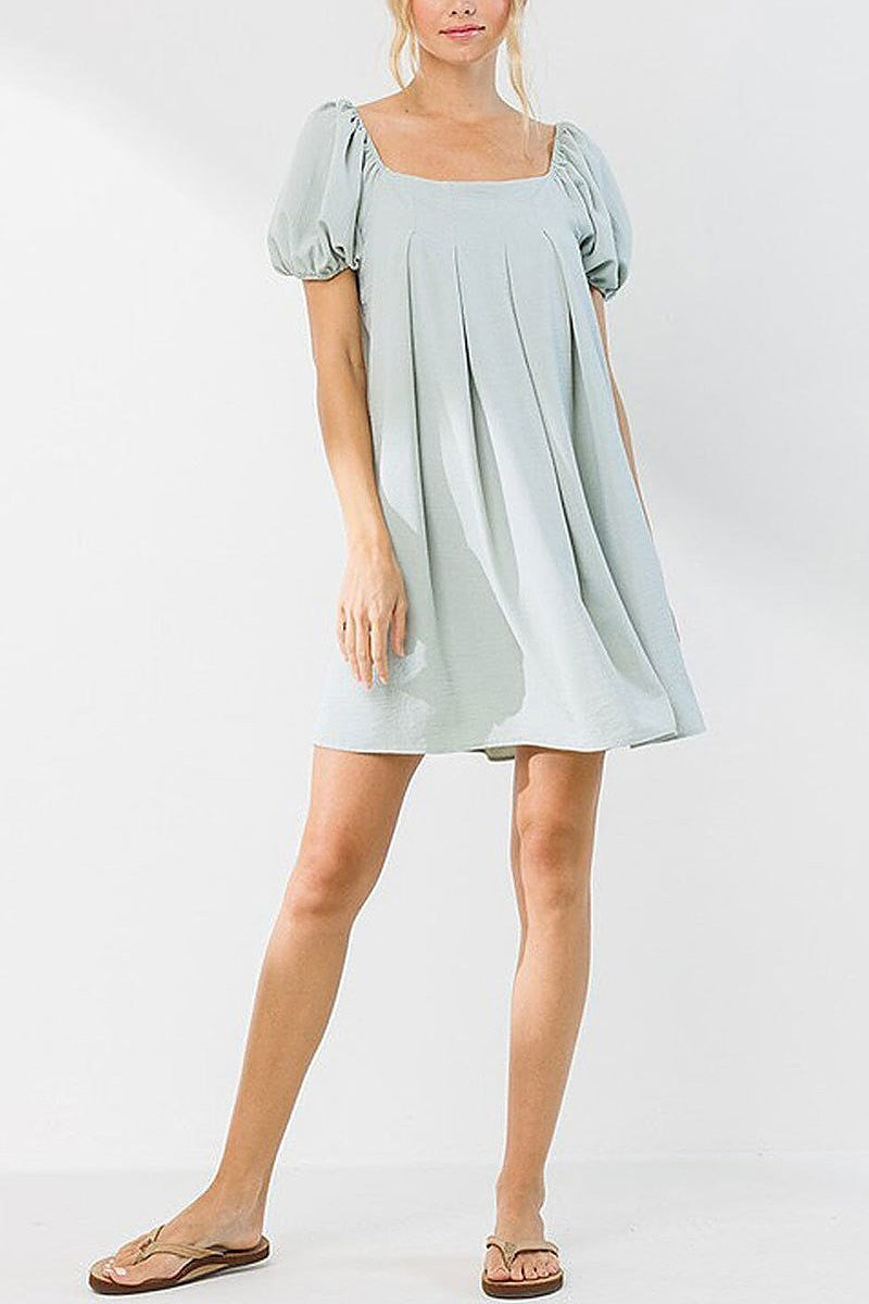 Short puff sleeve square neck pleated mini dress (EDWT8470)