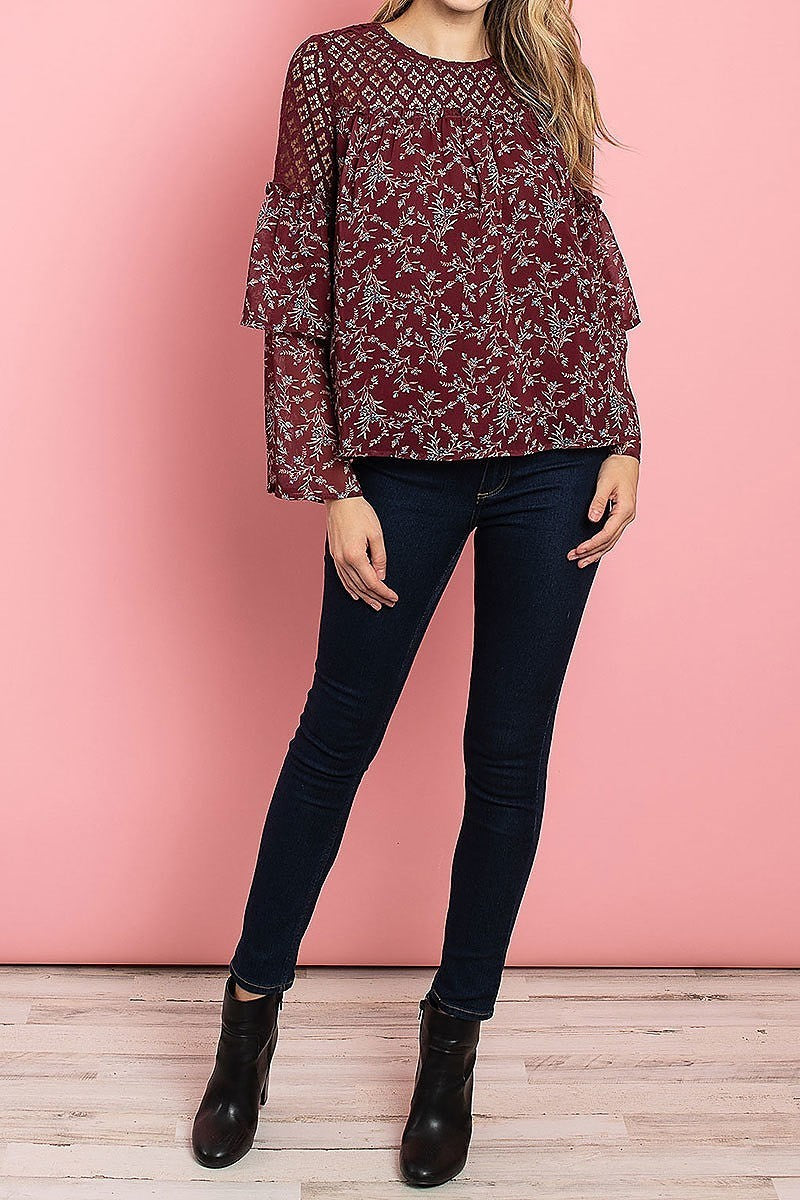 Lace trimmed bell sleeve floral print top (ED7931)