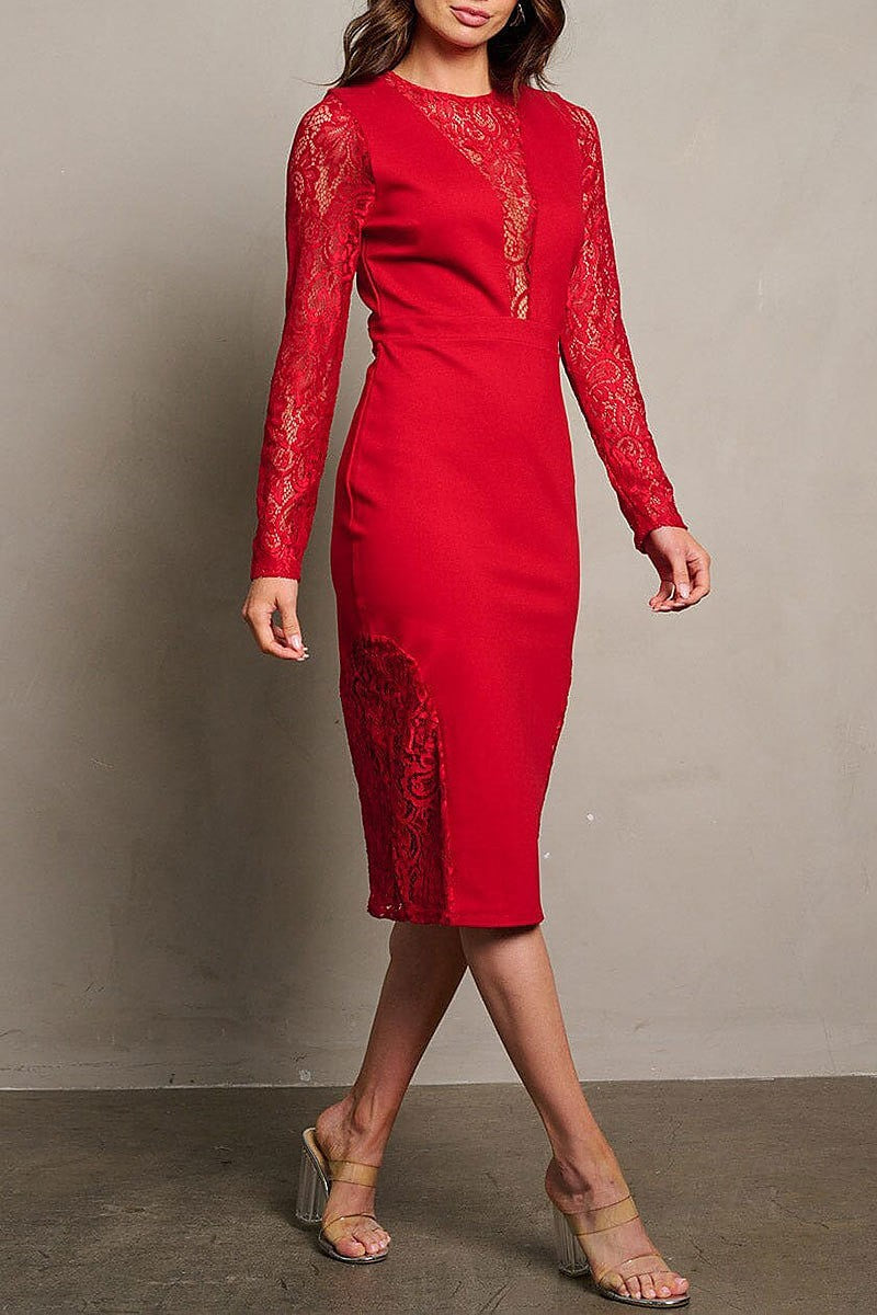 Long sleeve mesh lace detailed bodycon midi dress (EGWT1958)