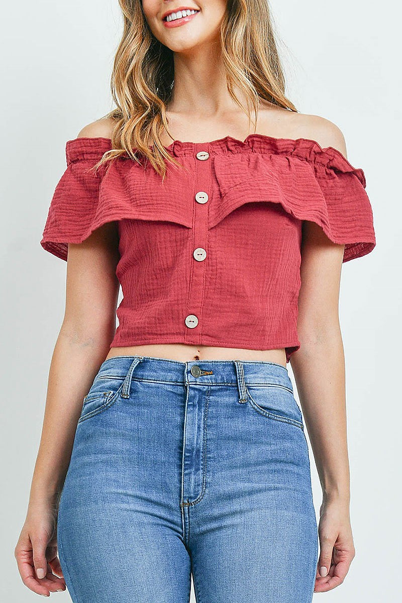 Off shoulder button front crop top (ED9406)