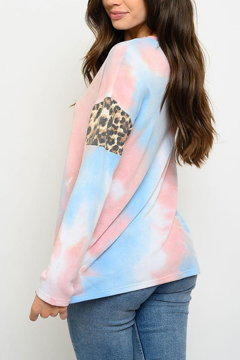 Long sleeve tie dye animal print color block top (EDWT3053)