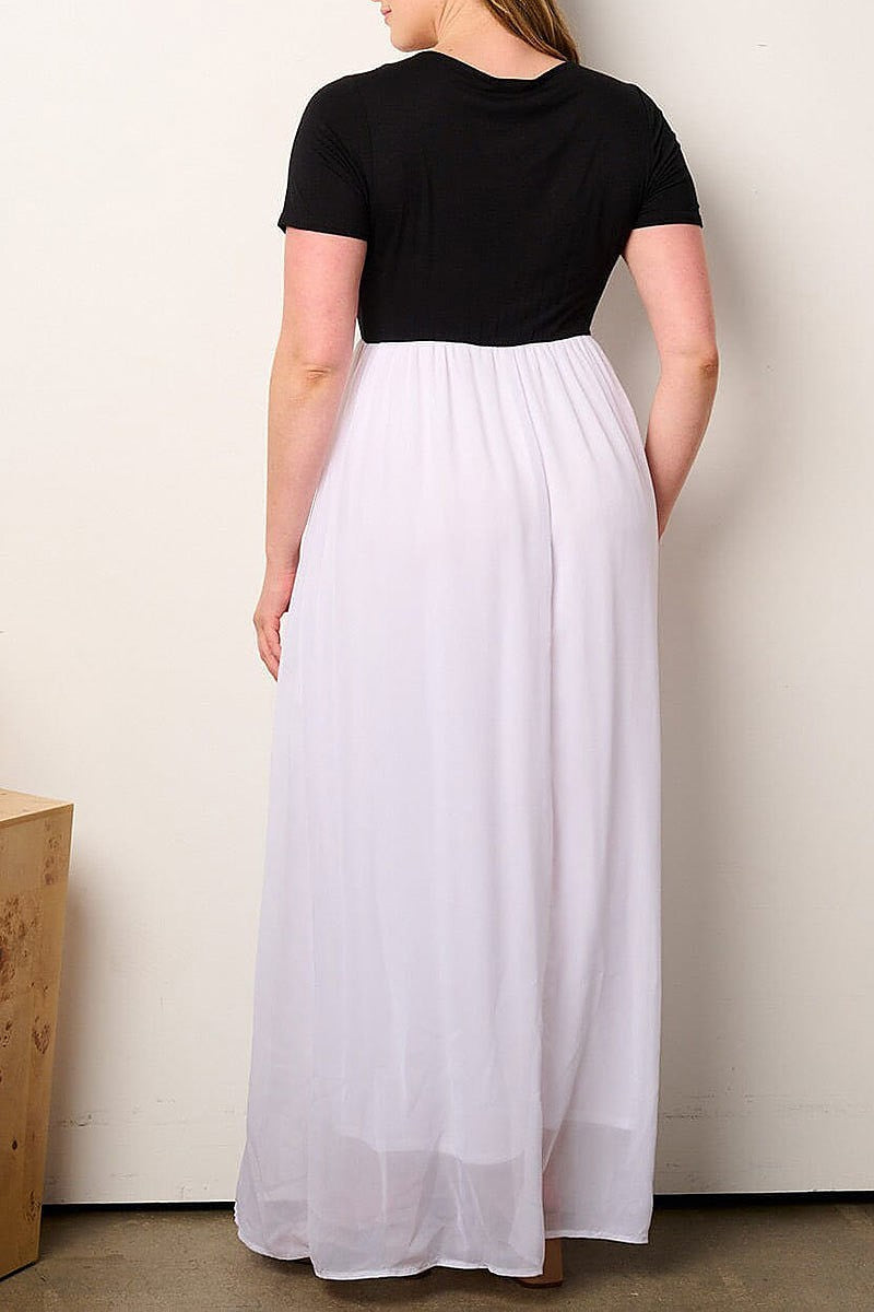 Short sleeve elastic waist colorblock maxi dress (EFWT9120)