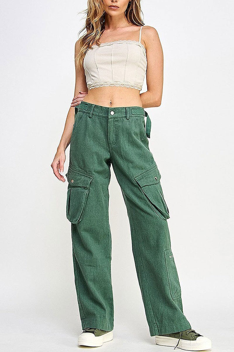 Button closure cargo pockets wide leg pants (EGWT2546)