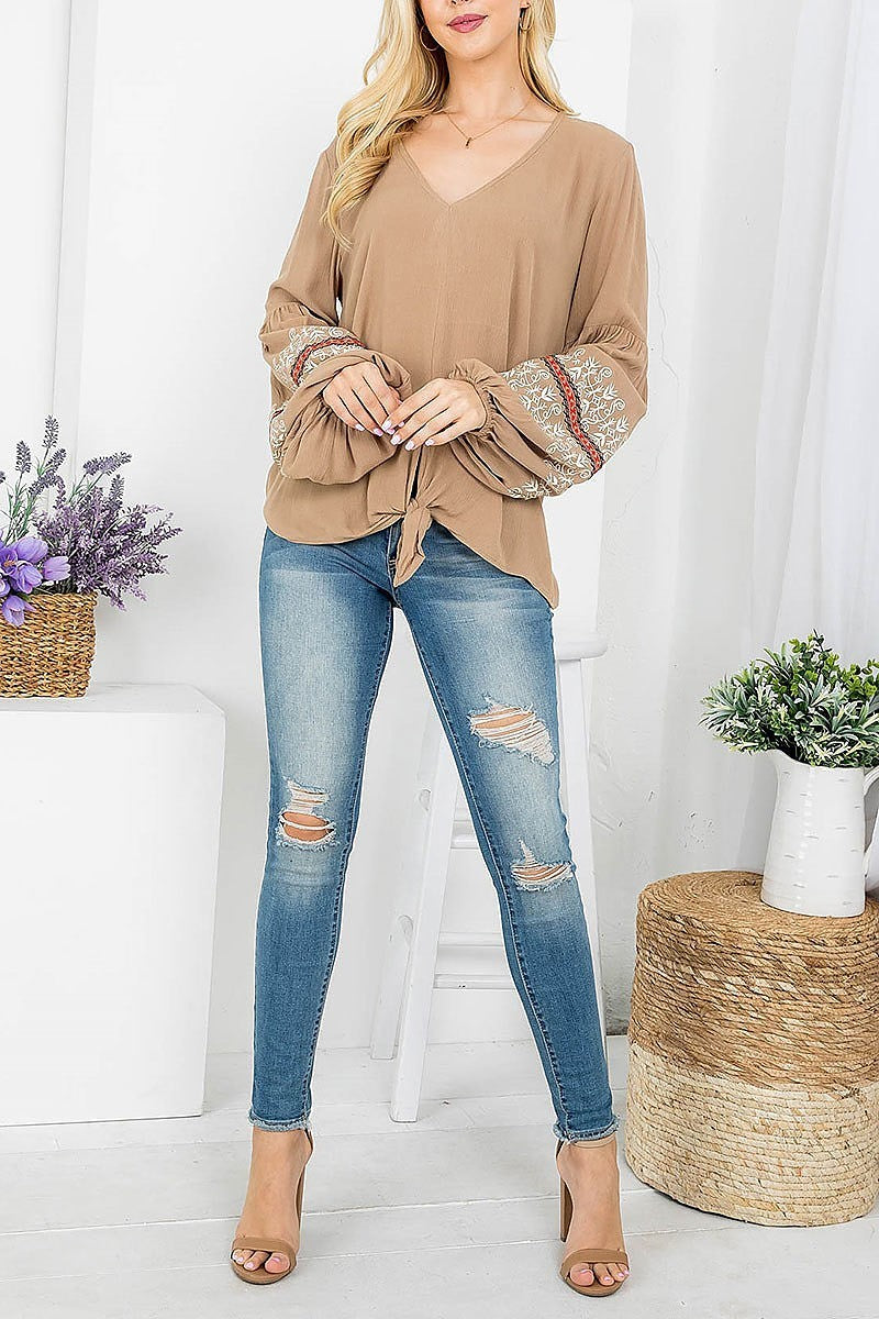 Embroidered detail bubble sleeve v neck top (EF4146)