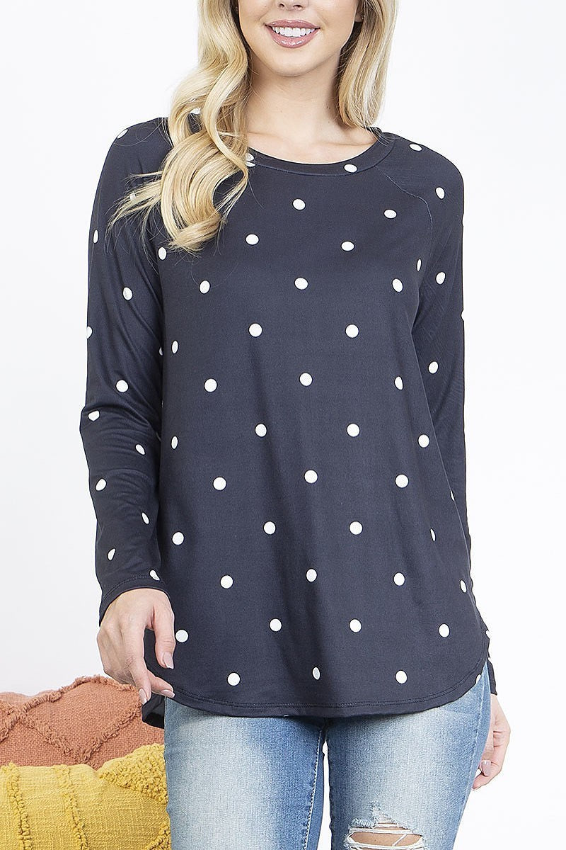 Long sleeve round neck polka dot top (EF4896)