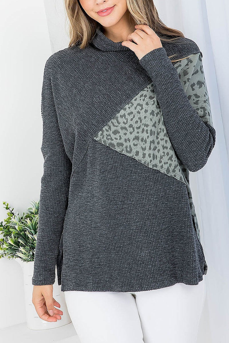 Animal print cowl neck long sleeve ribbed top (DGS5686)