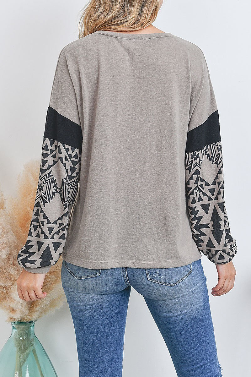 Aztec print color block bubble sleeve top (EF2484)