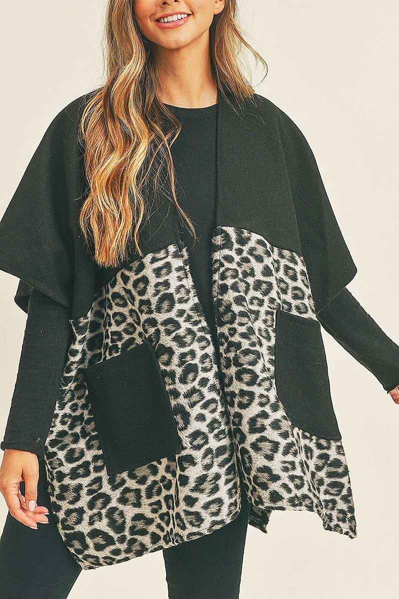 Leopard pocket detail color block kimono (DGS5737)