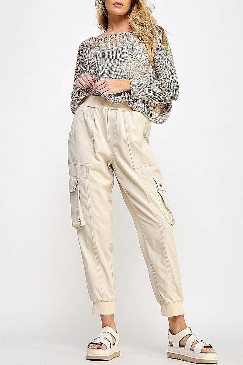 Elastic waist cargo pockets jogger pants (EGWT2556)