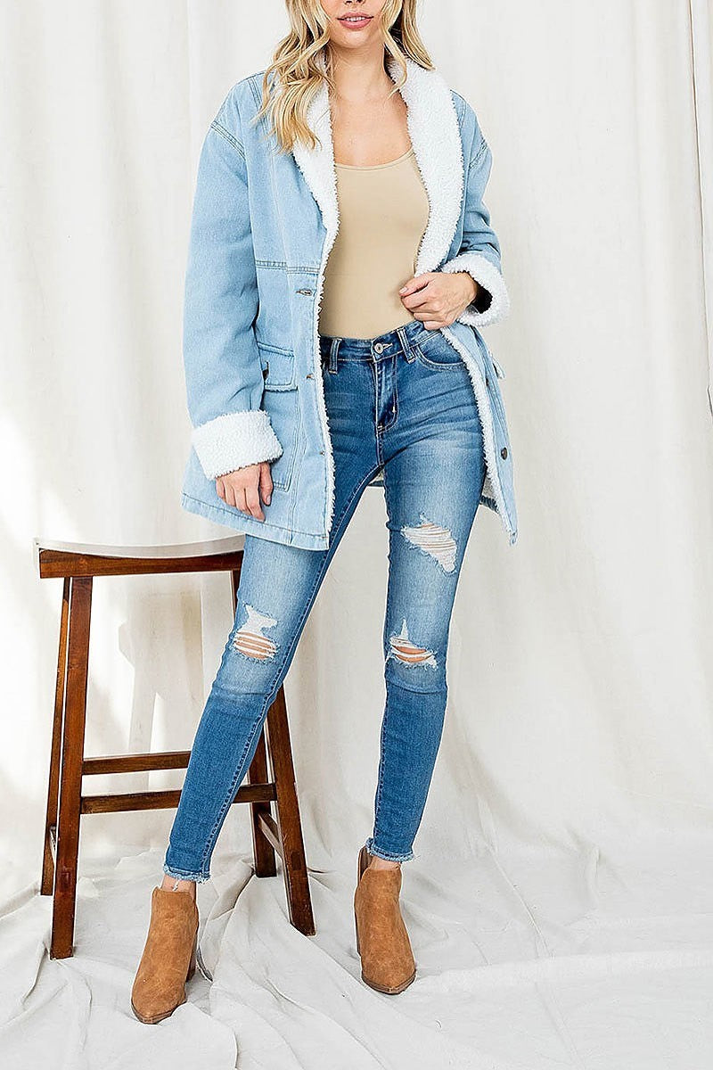 Faux fur trimmed button front denim jacket coat (DGS5624)