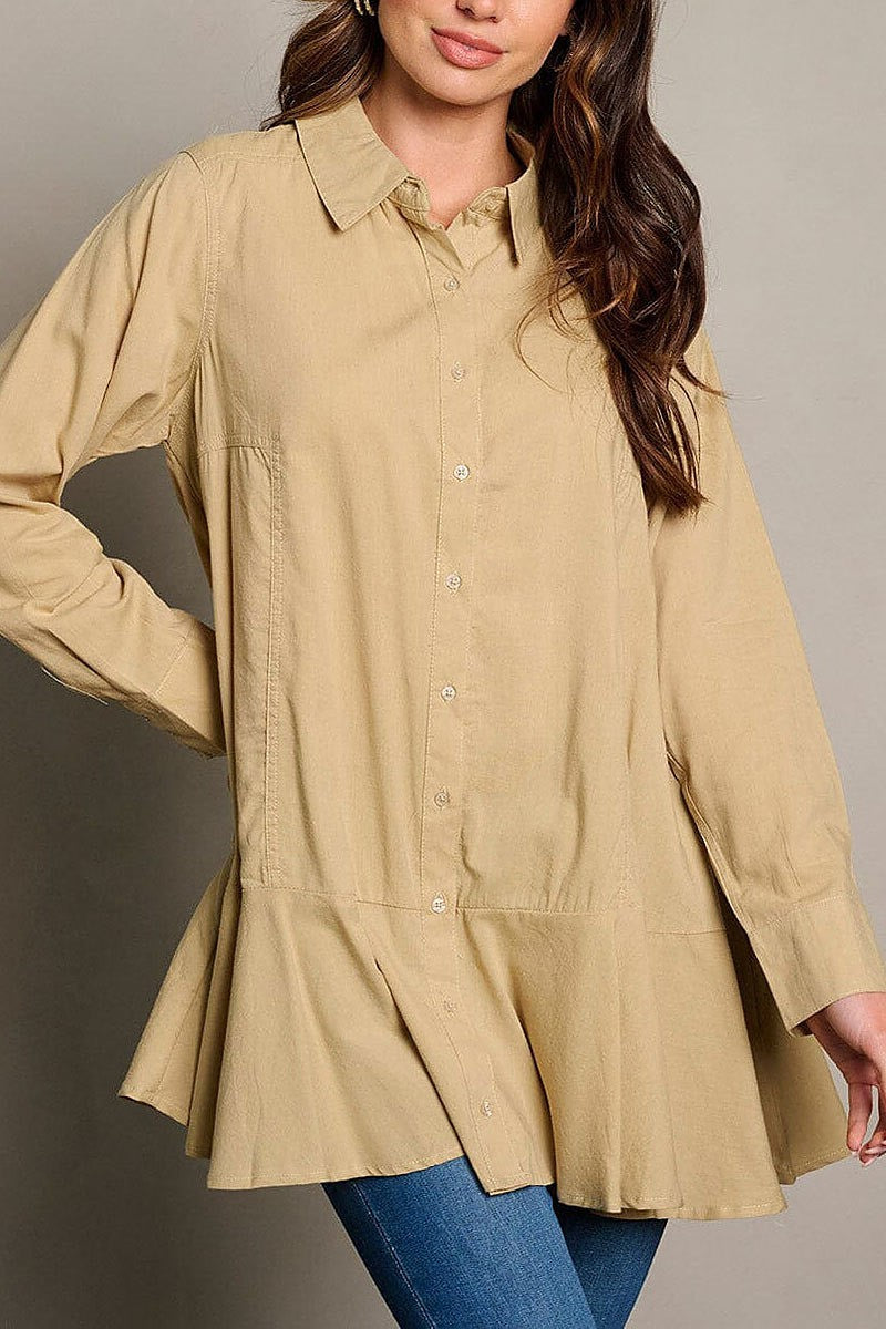 Long sleeve pockets button up tunic blouse top (EGWT2048)