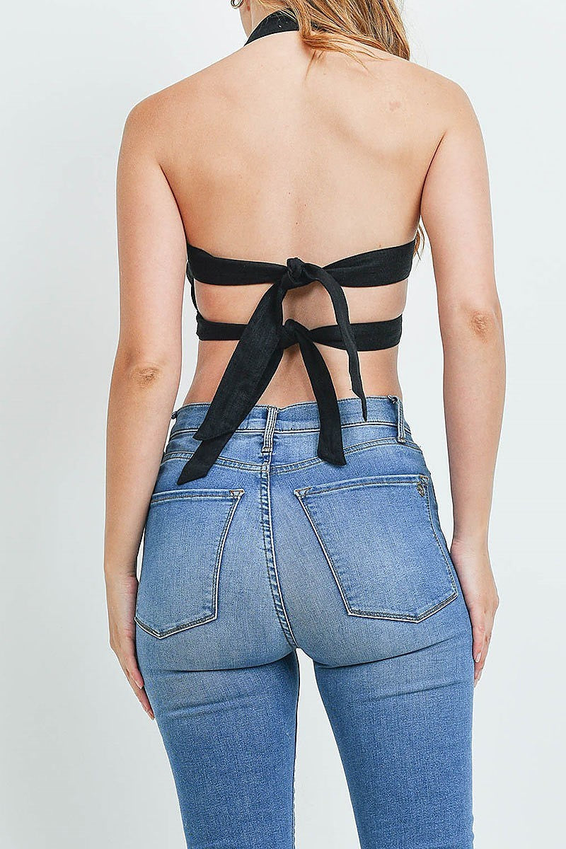 Button trimmed ruched halter neck crop top (ED9867)