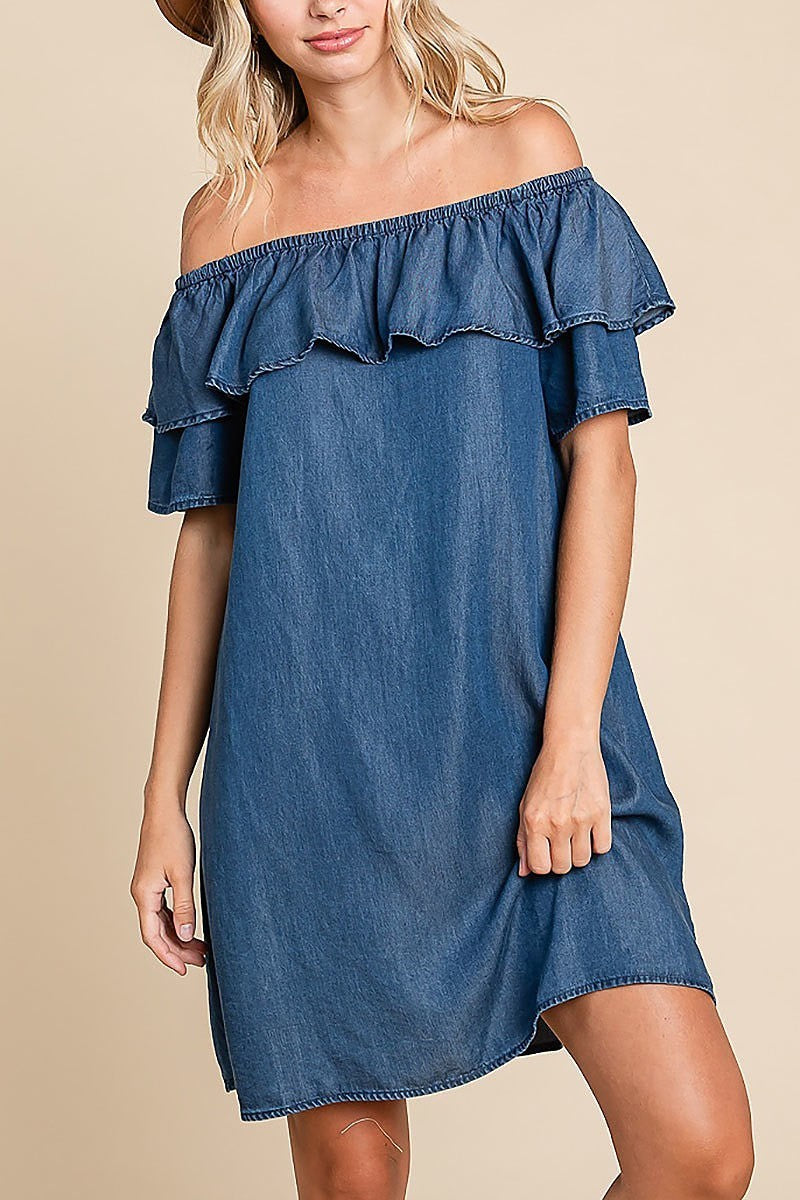 Chambray off-shoulder frilled neckline mini dress (EDH1629)