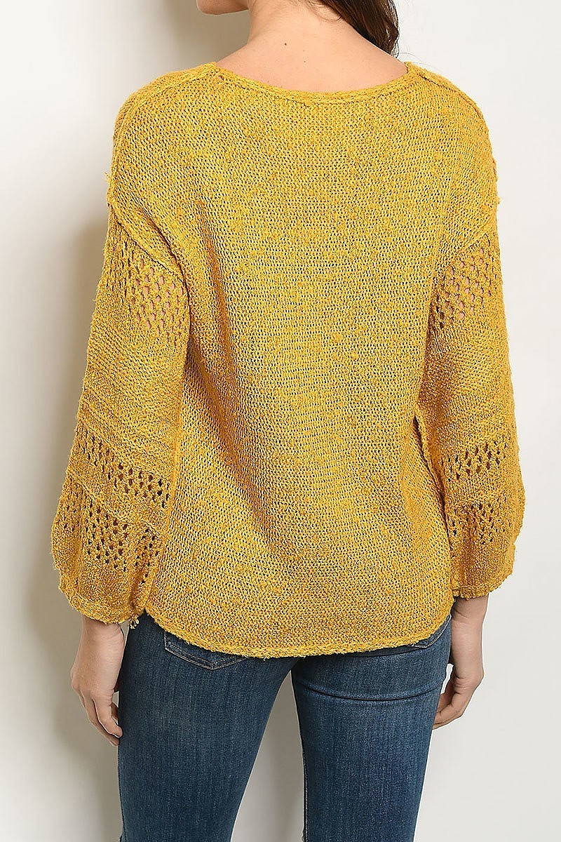 V neck crochet bubble sleeve sweater (DGS4848-3)