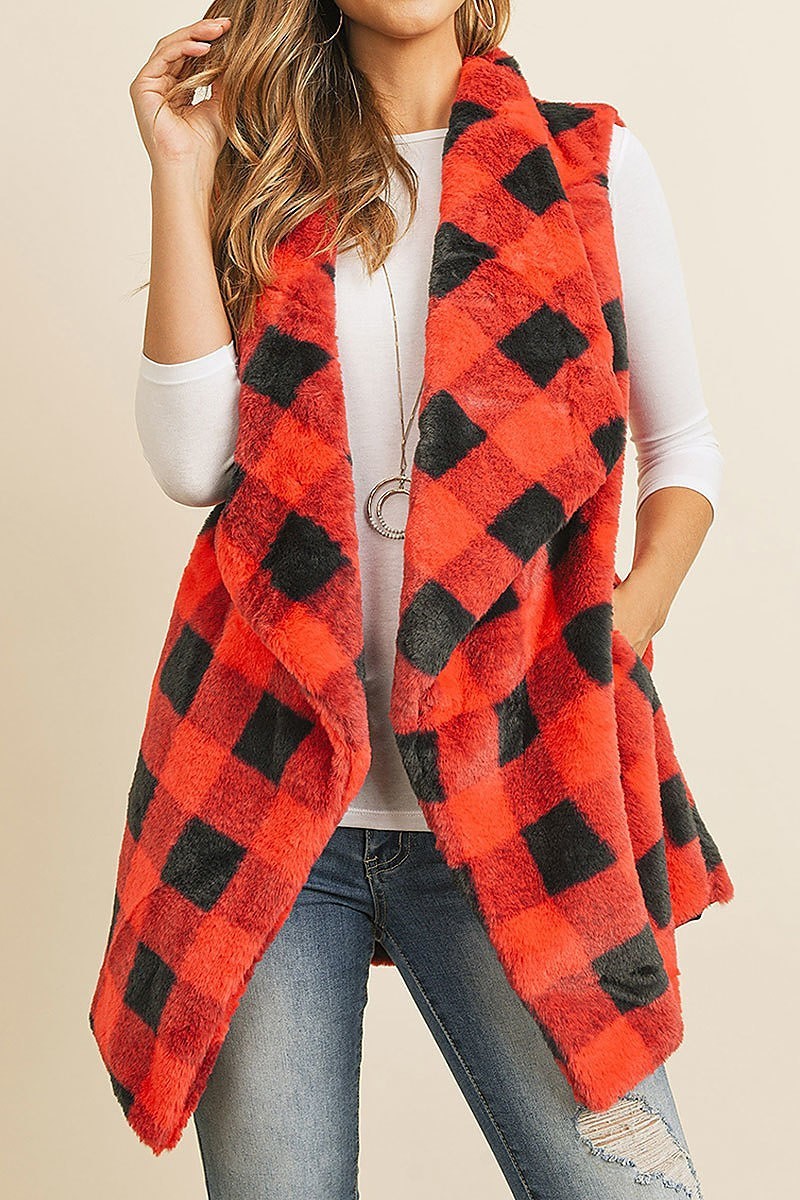 Faux fur buffalo plaid pocket vest (DGS4954)