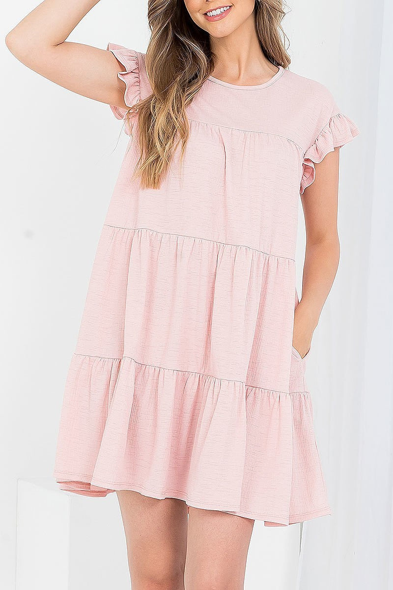 Ruffle short sleeve solid layered dress (DED7503)