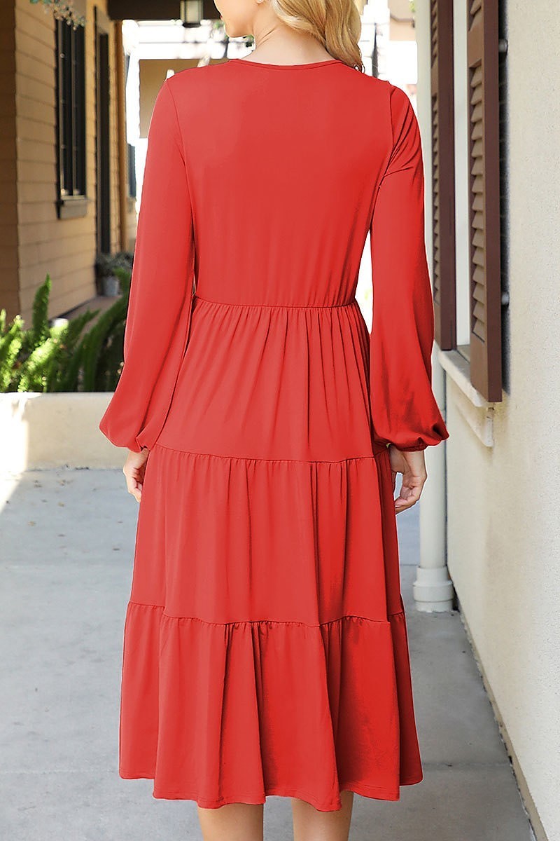 Solid long sleeve elastic waist tiered dress (DED8893-1)