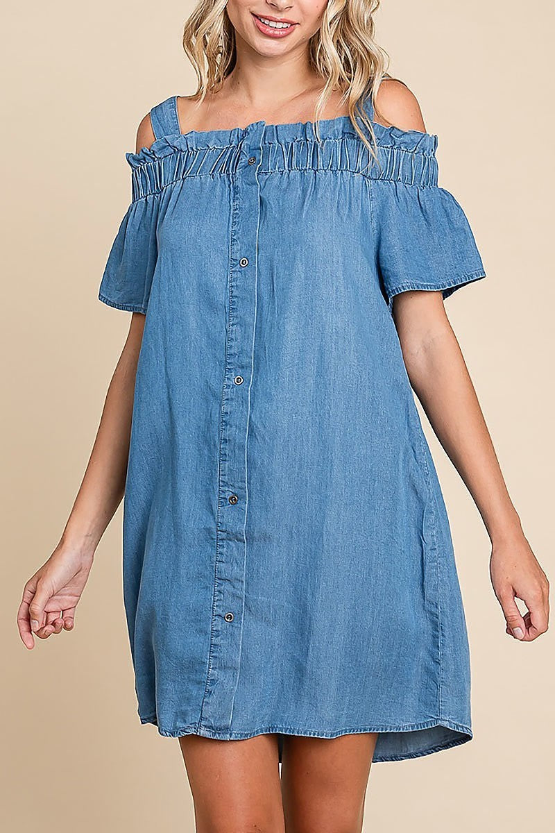 Chambray button-down cold-shoulder mini dress (EDH1624)