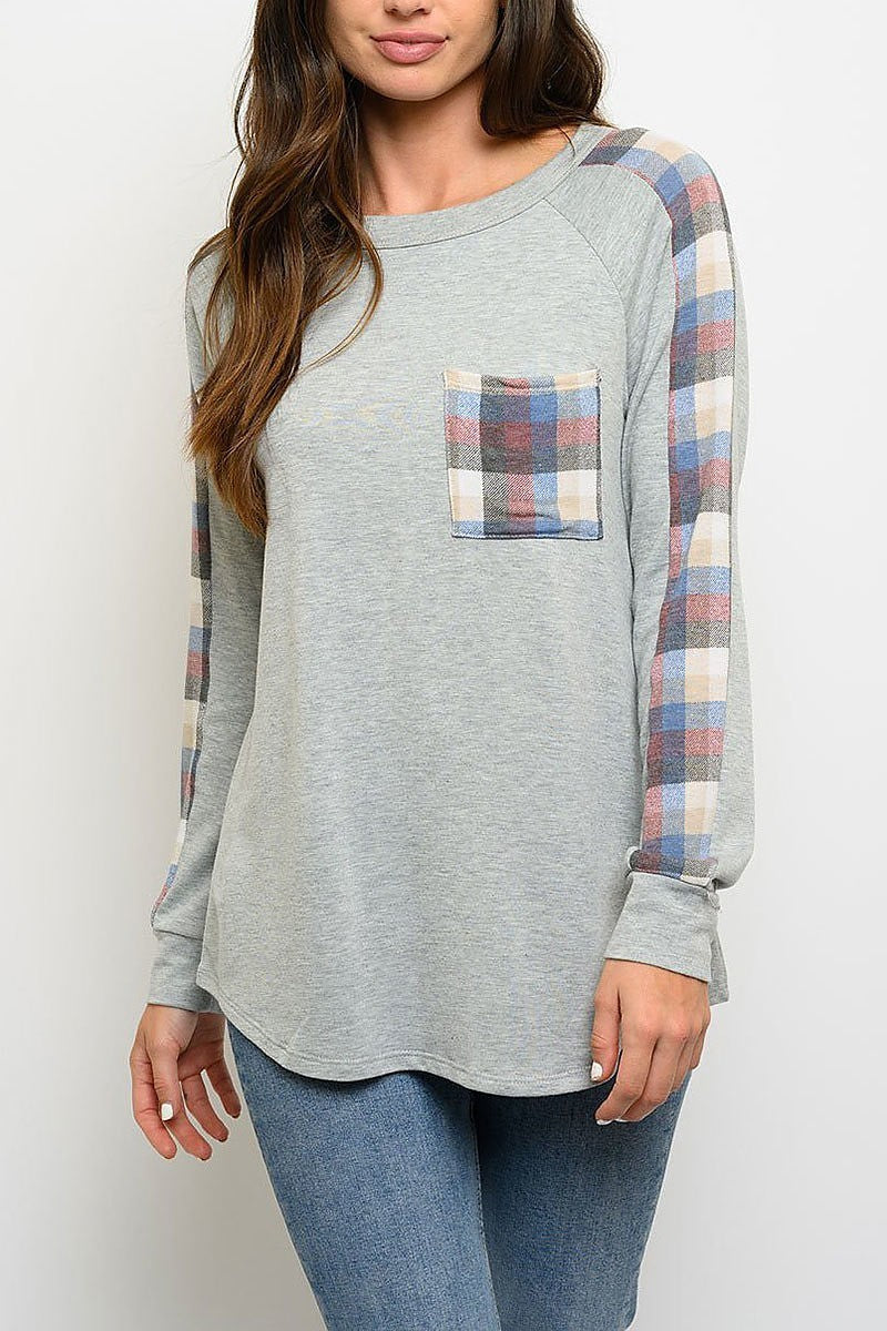 Plaid long sleeve front pocket top (EDWT3177)