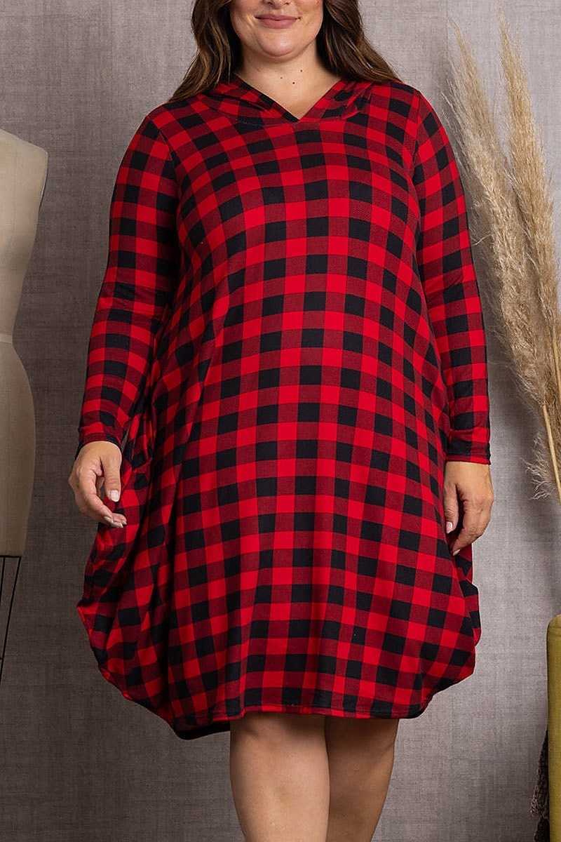 Plaid hoodie long sleeves plus size midi dress (EDSW3583)