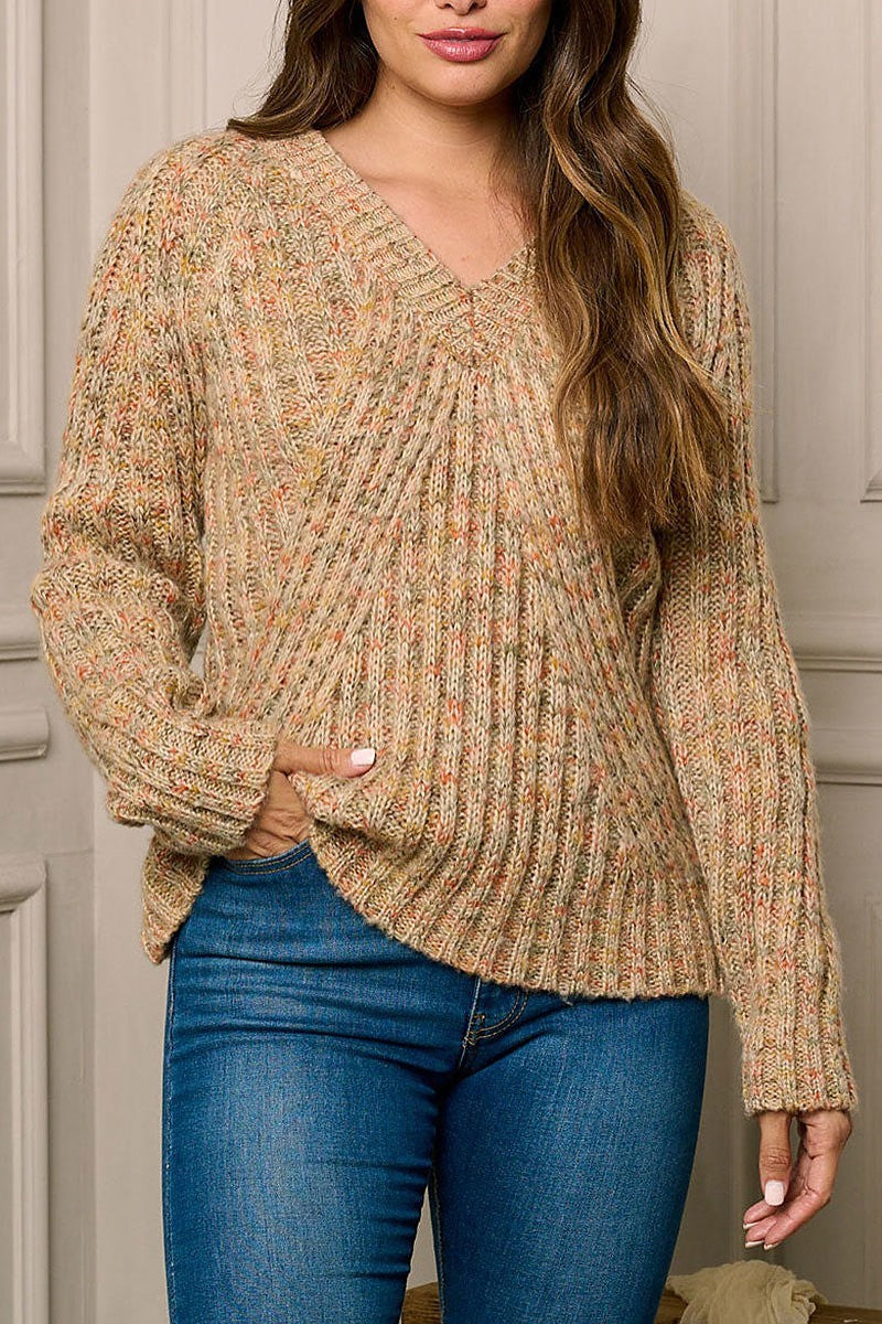 Long sleeve v-neck multi knit sweater (EFWT5955)