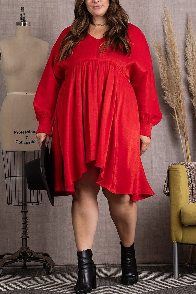 V-neck long sleeves plus size midi dress (EDSW3739)