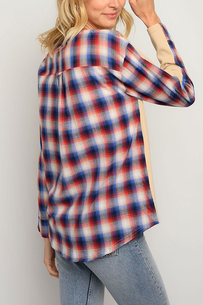 Long sleeve plaid contrast top (EDWT3410)