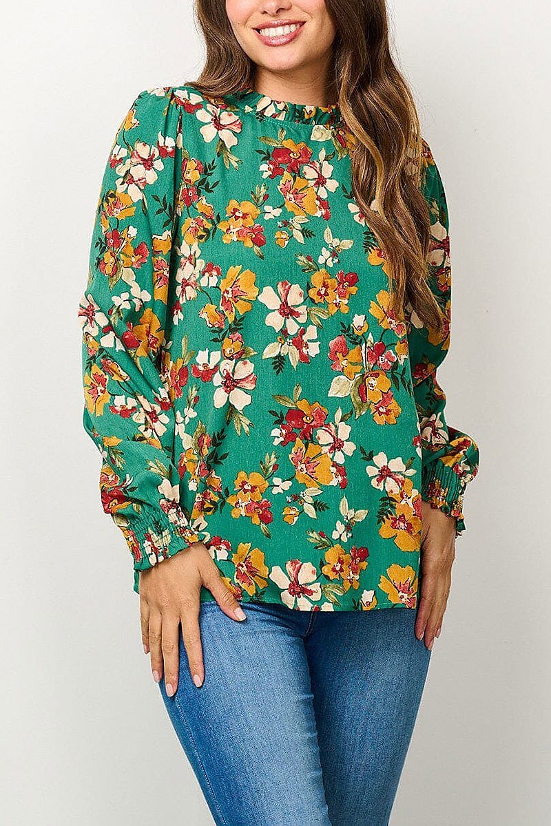 Long sleeve mock neck floral blouse top (EFWT6667)