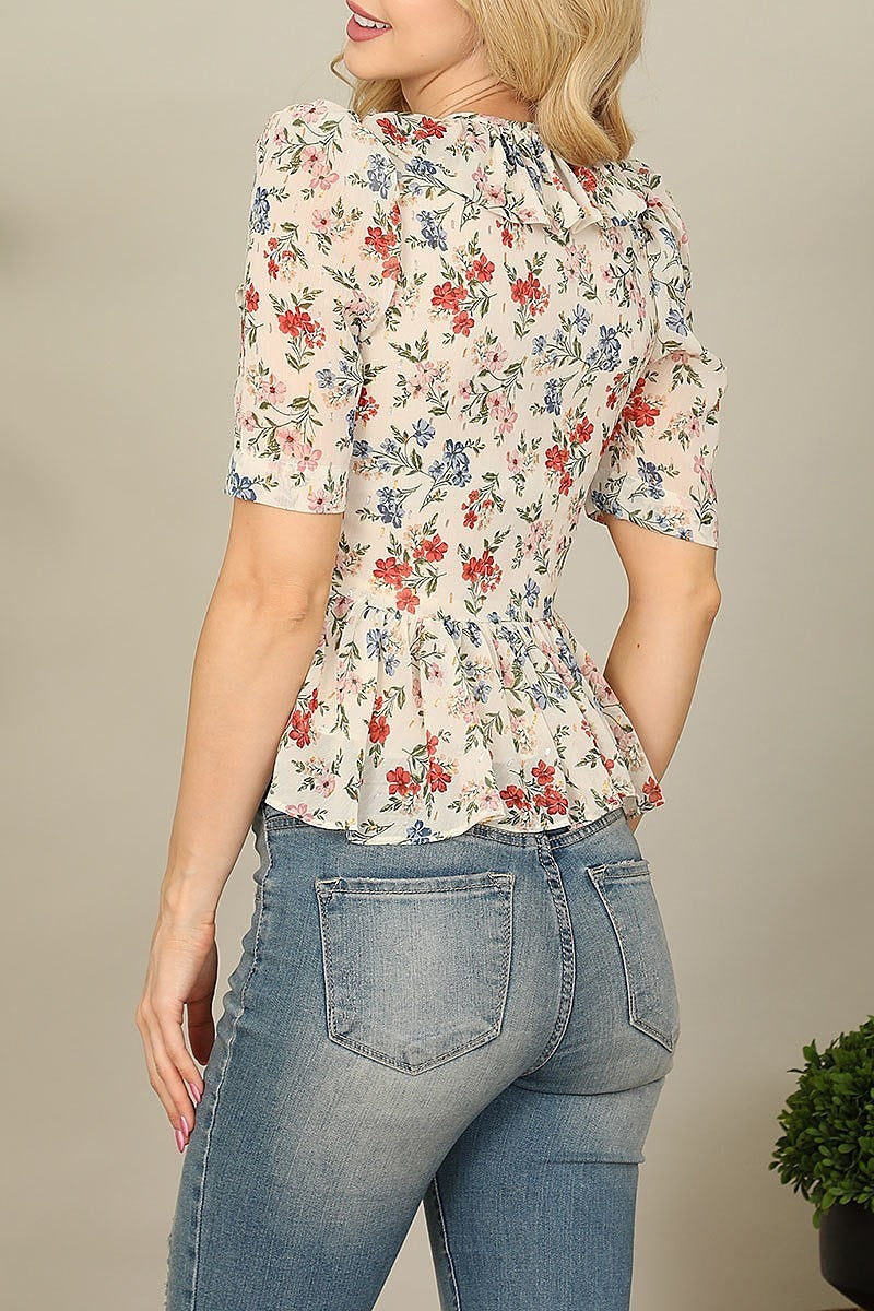 Ruffle v-neck half sleeve peplum floral top (EF7366)