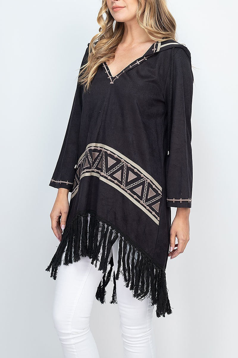 Embroidery and fringe detail suede hoodie top (EF1311)