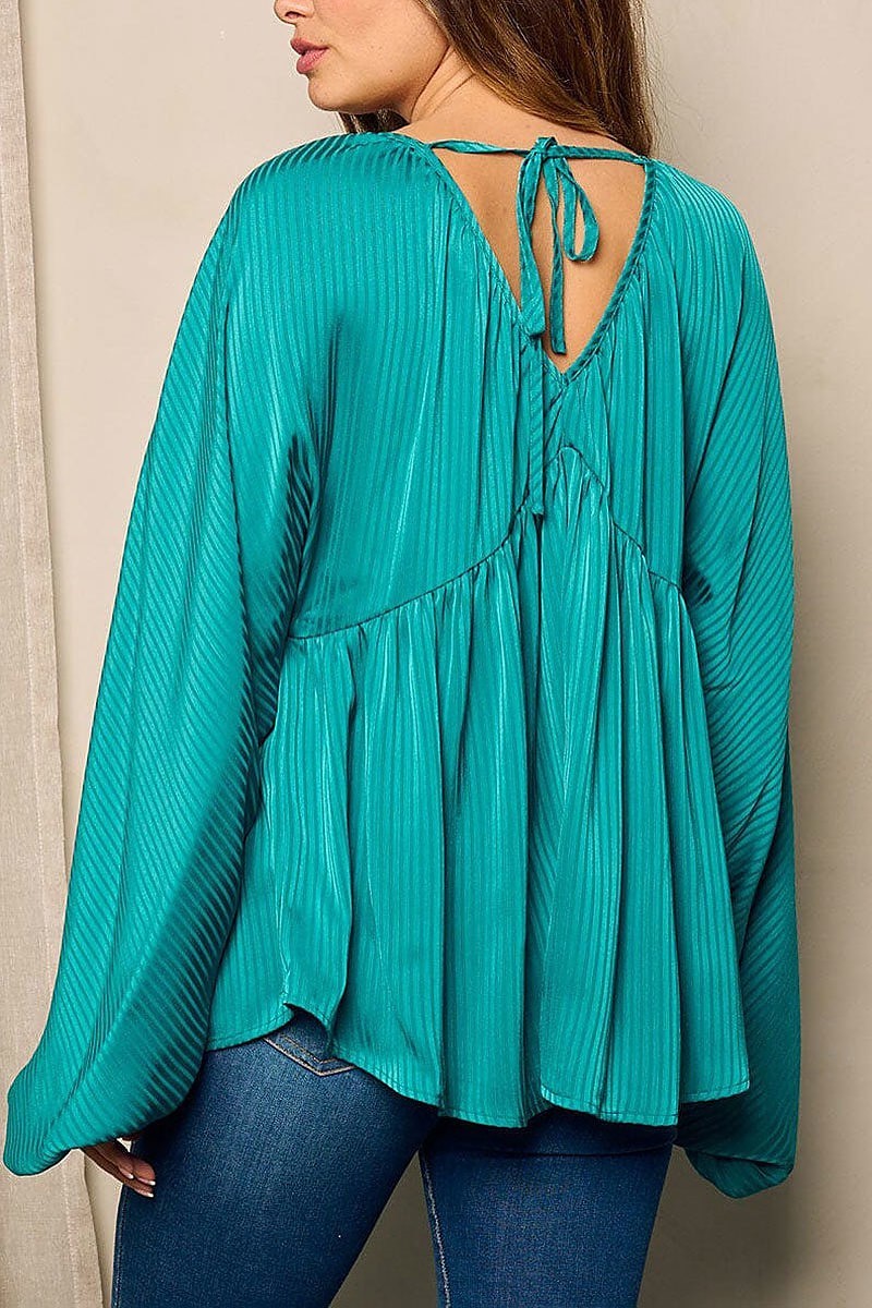 Long ballon sleeve v-neck tunic blouse top (EFWT4811)