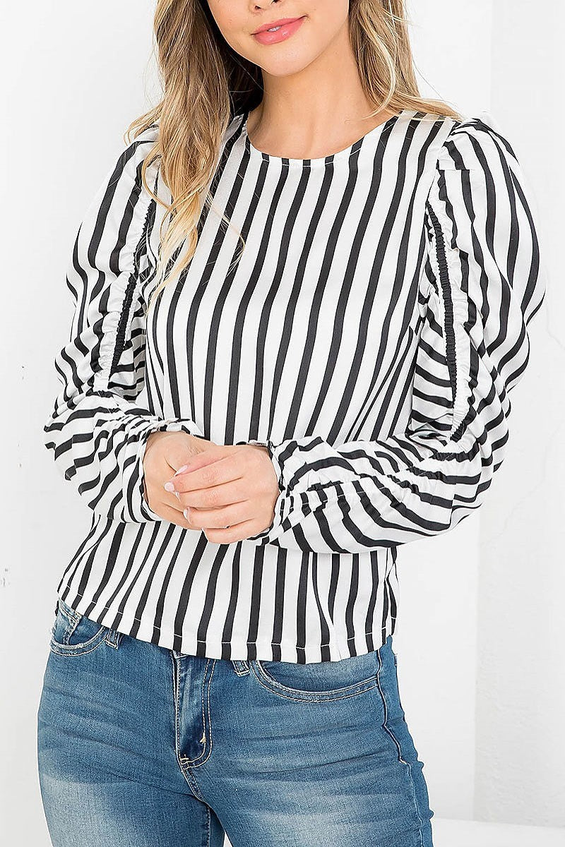 Stripes print round neck ruched long sleeve top (EF3547)