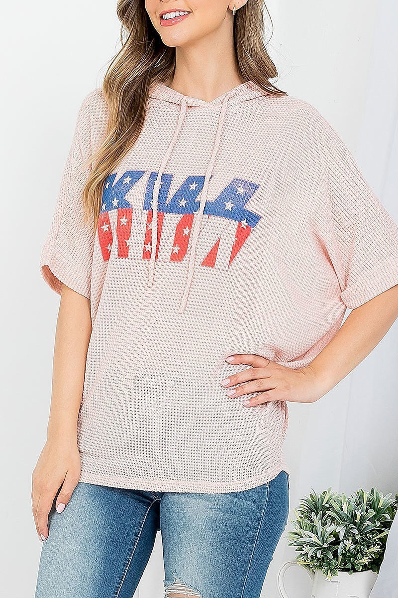 Kiss print with hoddie waffle fiber batwing top (EF3698)